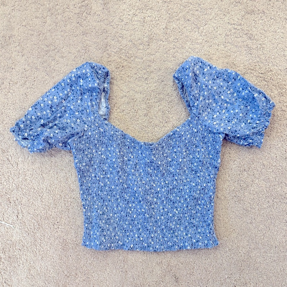 Abercrombie & Fitch Blue Floral Smocked Puff-Sleeve Crop Top